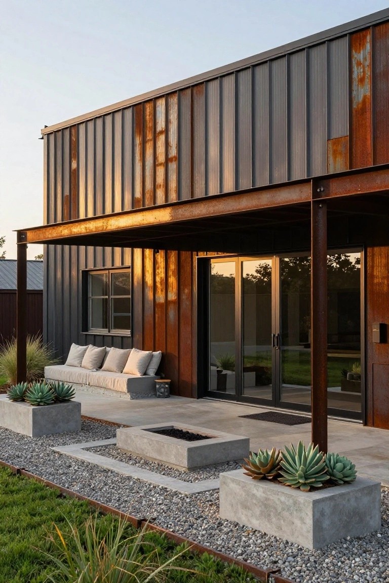 Side exterior of a corrugated metal house with rusted accents under a covered porch supported by steel beams, showing sliding glass doors, a cushioned bench, linear fire pit, concrete planters with succulents, and gravel ground cover.