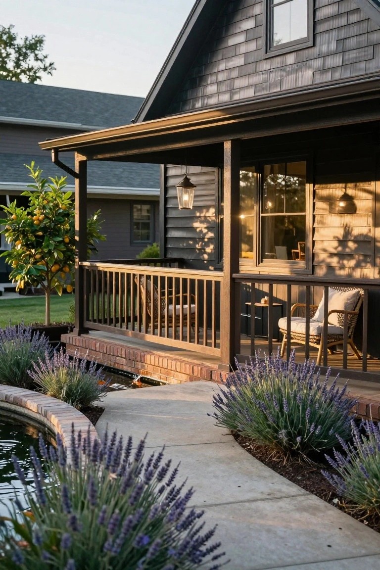 Wrap-around wooden porch on a dark shingled house with two cushioned wicker chairs, a small side table, hanging lanterns, and open glass doors, viewed alongside a curved path lined with lavender and a brick-edged koi pond.