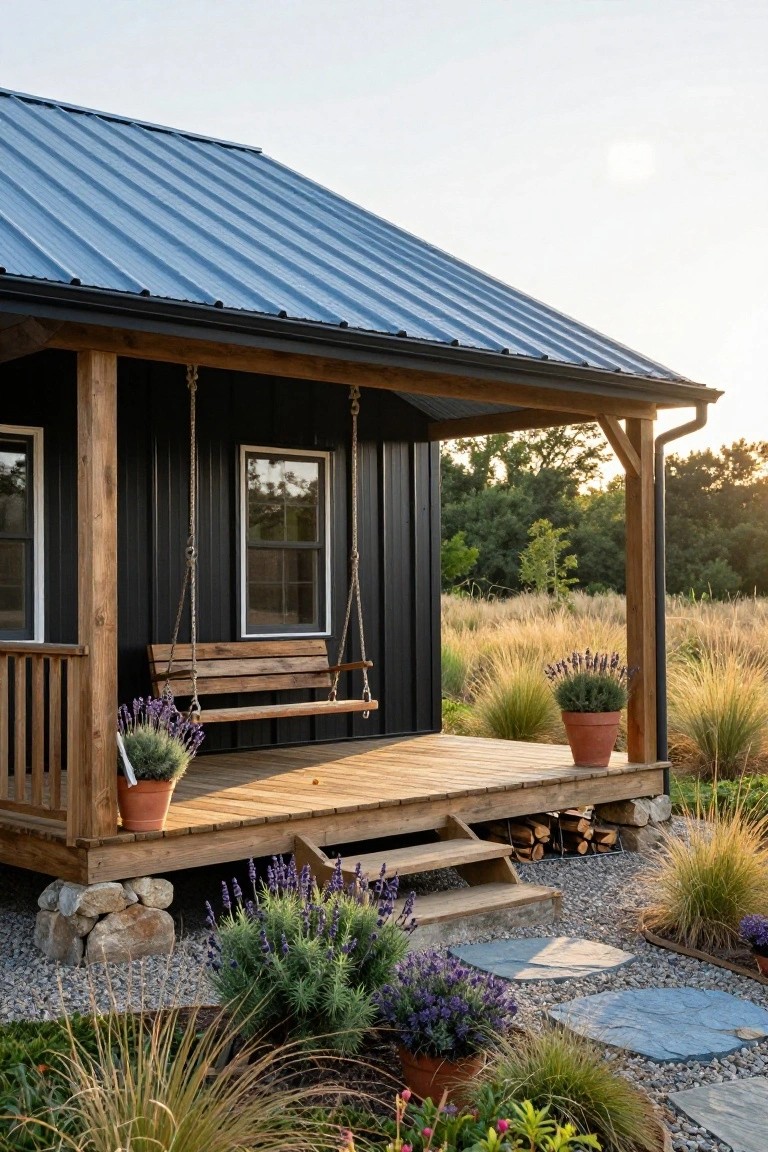 Small cabin with black vertical siding, blue corrugated metal roof, covered wraparound wooden porch with hanging swing, potted lavender plants, ornamental grasses, gravel area, and stone steps.