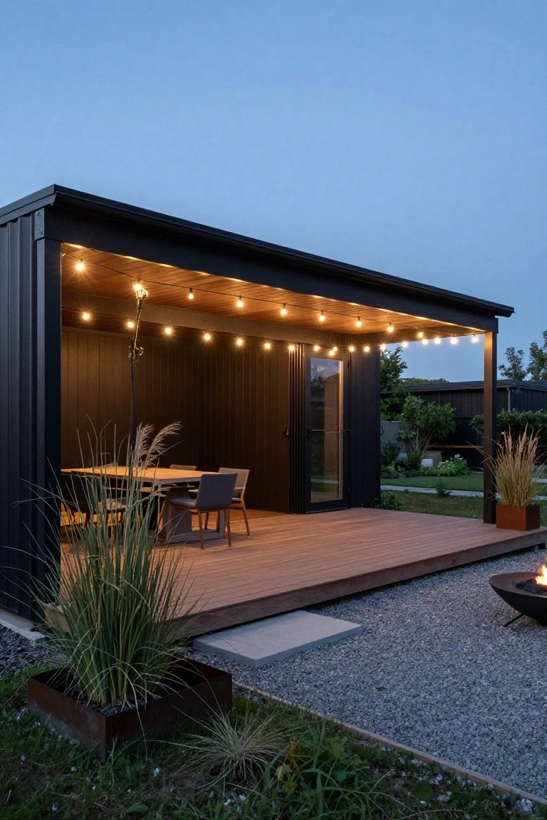Black metal house with open covered porch, wooden deck holding dining table and chairs, string lights overhead, pampas grass in metal planters, fire pit on gravel patio at dusk