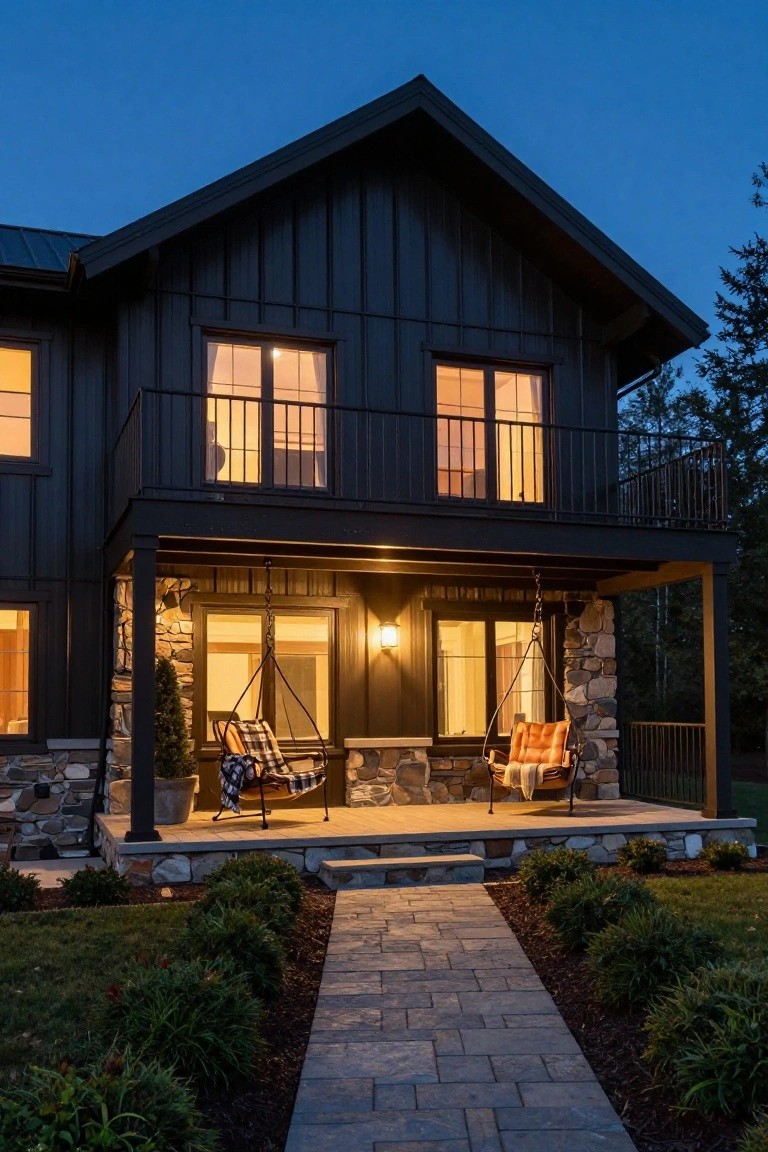 Front view of a two-story dark metal-clad house at dusk with lit windows, a wraparound porch supported by stone pillars, two hanging swings with blankets, potted plants, and a stone pathway edged by shrubs.