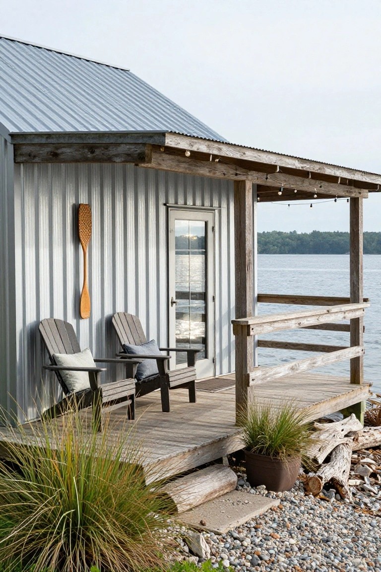 Gray metal-sided cabin with wooden wraparound porch and railing extending over a lakeside deck, two Adirondack chairs on the porch, wooden paddle decoration on the wall, potted plant and driftwood nearby.