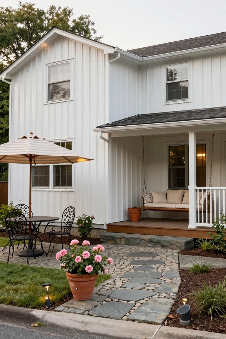 White board-and-batten sided house with wraparound porch featuring hanging cushioned swing, wood deck, bistro table and chairs under striped umbrella on lawn nearby, large terracotta pot of pink roses, irregular flagstone path to porch steps, and landscape lights along edge.