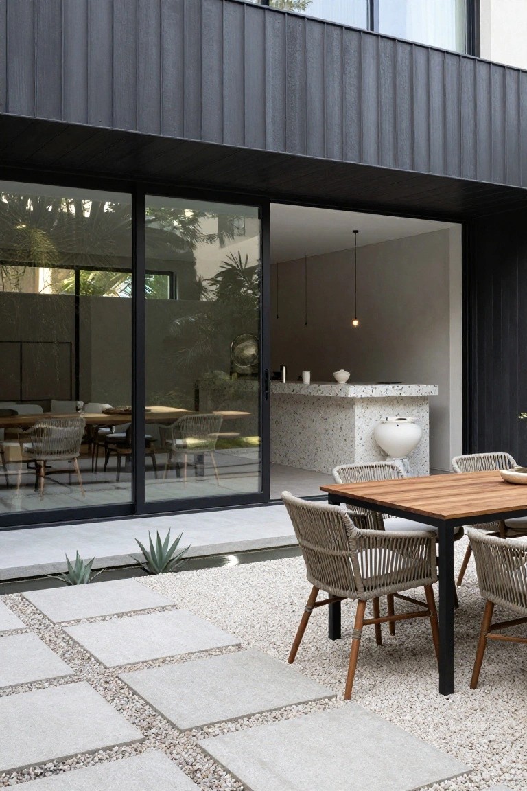 Black vertical wood-clad modern house wall with large open sliding glass doors revealing interior dining area and terrazzo bar, overlooking gravel and concrete paver patio with teak dining table, rattan chairs, agave plants, and water feature.