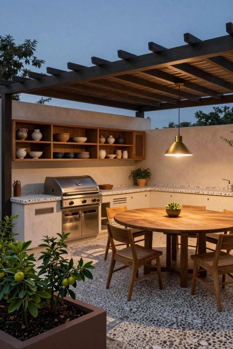 Outdoor kitchen with stainless steel grill, wooden cabinets stocked with pottery, countertops, sink, and adjacent round wooden dining table with chairs under a wooden pergola on pebble flooring, surrounded by potted plants at dusk.