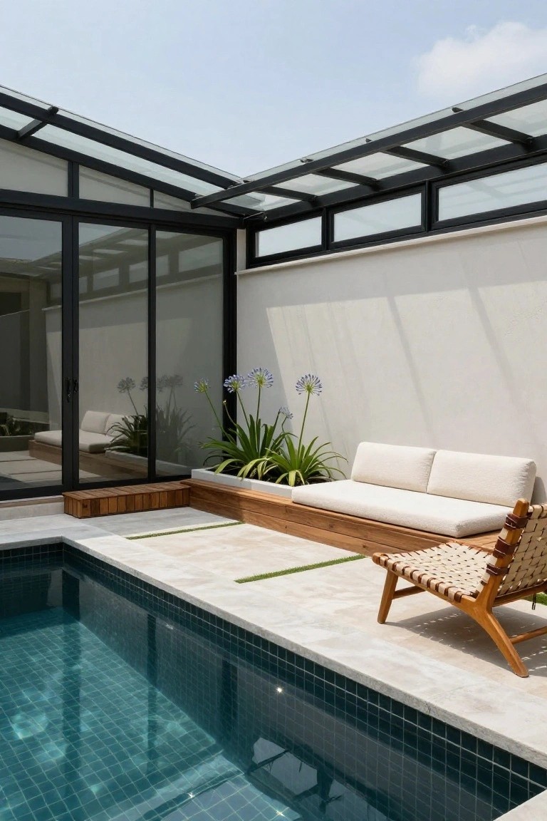 Narrow rectangular pool with dark teal tiles in a glass-enclosed courtyard corner, wooden L-shaped bench on planter with agave plants and white cushions, woven chair, and sliding glass doors on white walls.