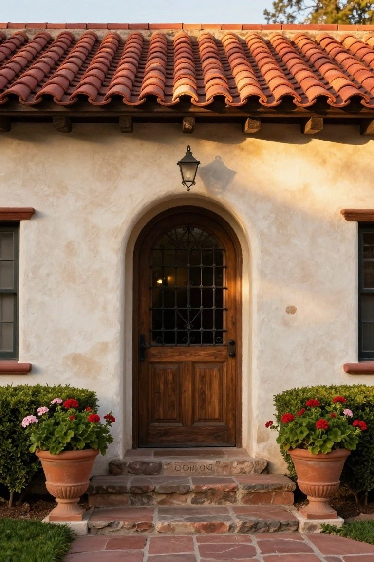 Spanish-style arched wooden door with terracotta pots and red tile roof.