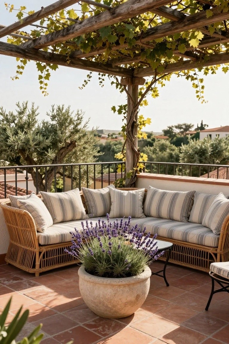 L-shaped woven rattan sofa with white and blue striped cushions on a terracotta-tiled balcony terrace under a wooden pergola covered in green grapevines, featuring a large stone pot of purple lavender flowers and olive trees in the background.