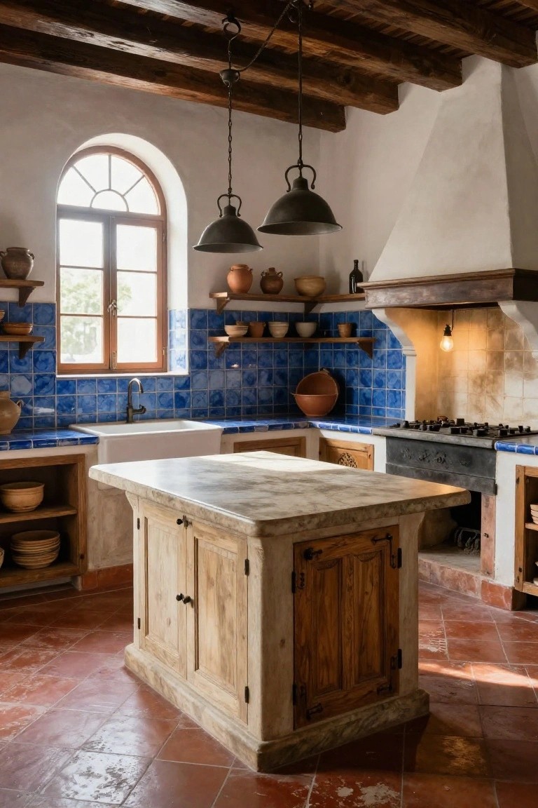 Rustic kitchen with exposed wooden beams, blue tiled backsplash around farmhouse sink, wooden island, terracotta tile floor, and assorted pottery on shelves.