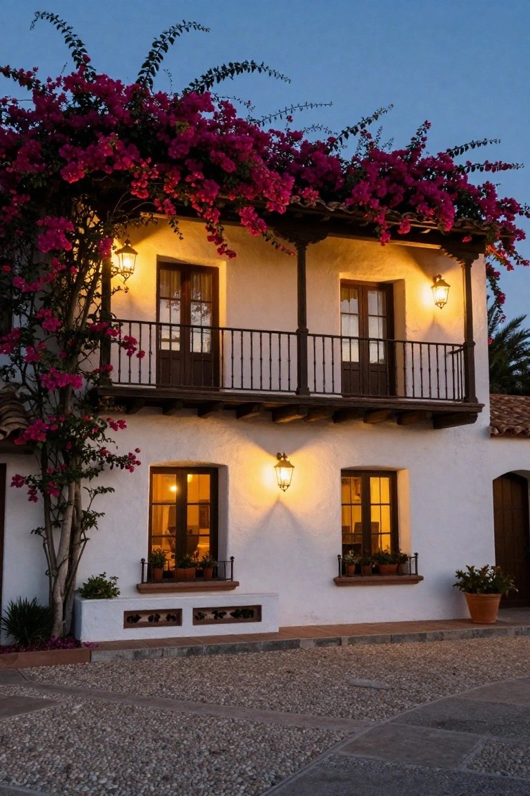 White stucco two-story house with balcony at dusk, pink bougainvillea cascading over the upper roofline and balcony rails, lanterns lighting the windows, potted plants at the base, and gravel courtyard in front.