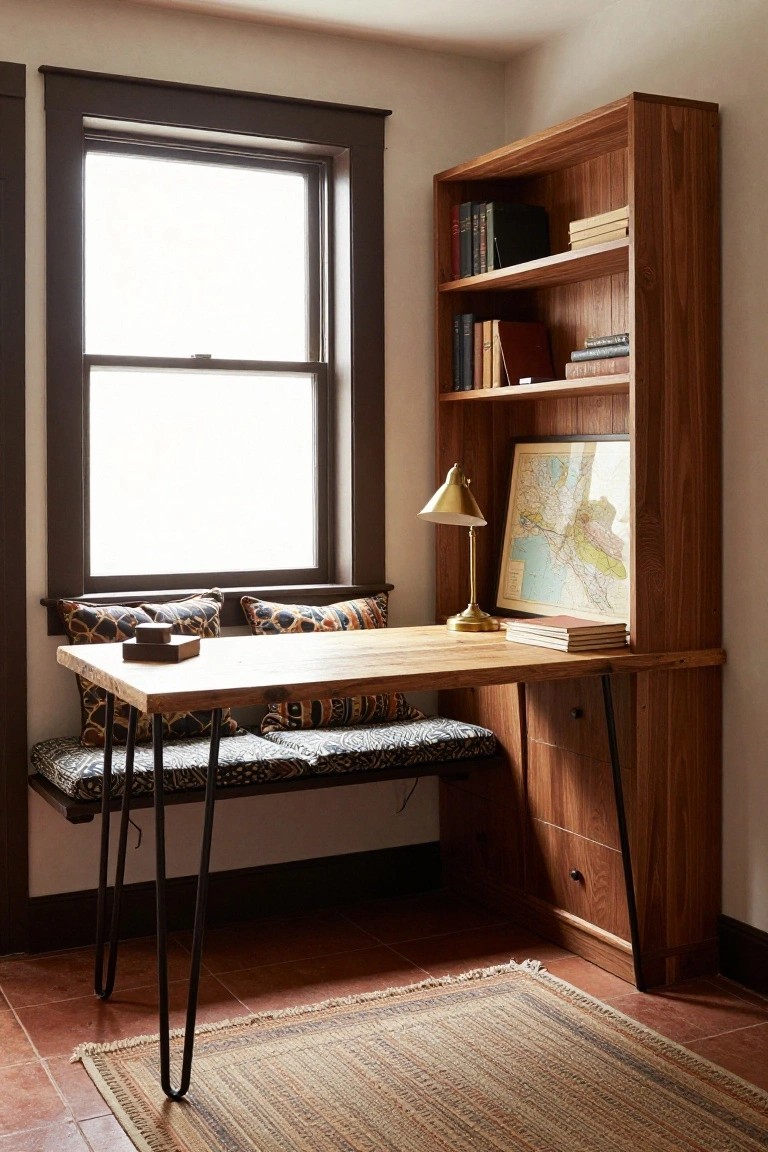 Wooden tall bookshelf unit with integrated desk on black metal legs and cushioned bench seat under a large double-hung window, books on shelves, brass lamp on desk, framed map, and patterned pillows.