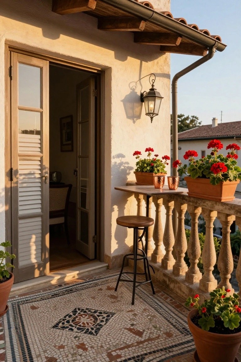 A sunlit balcony with open wooden French doors, multiple terracotta pots of red geraniums along the railing and floor, a wooden bar stool, a small table with two copper mugs, a hanging lantern, and a mosaic terracotta tile floor.