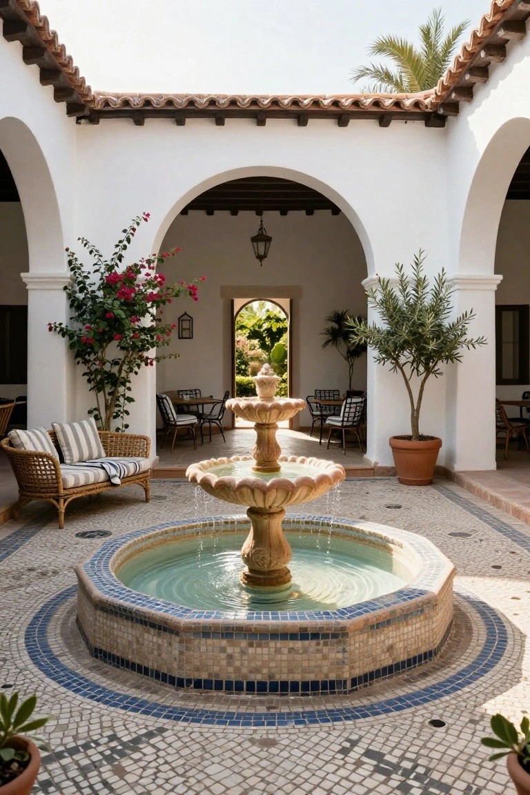 Sunlit hacienda-style courtyard with white stucco arches, central two-tiered stone fountain in octagonal mosaic-tiled basin, wicker seating, potted olive tree, bougainvillea wall, and pebble mosaic flooring.