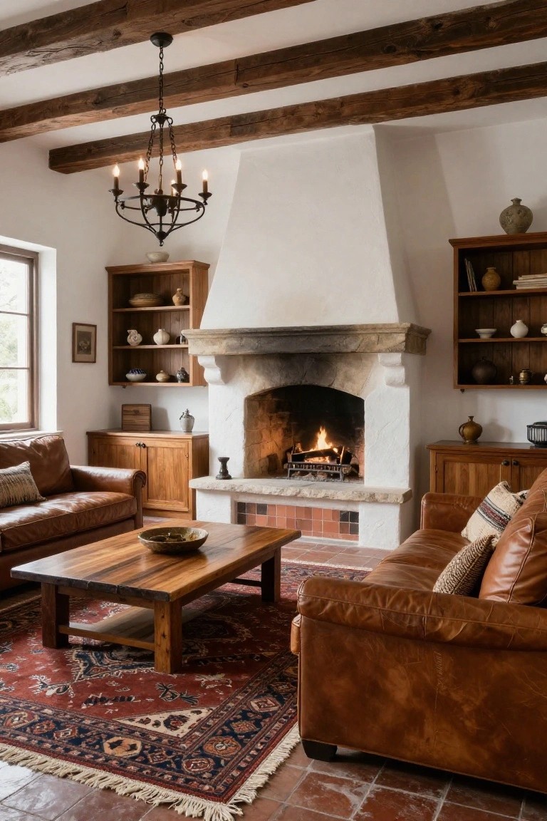 Living room interior with large arched stone fireplace in white stucco wall, exposed wooden ceiling beams, brown leather sofas, wooden coffee table, built-in wooden shelves with ceramics, and red patterned rug on terracotta tile floor.