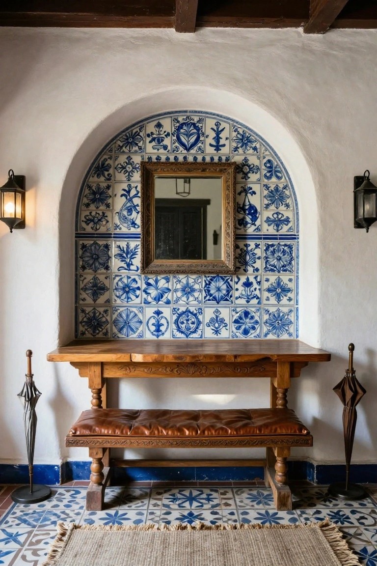 Hacienda-style interior entryway with white arched wall niche covered in blue and white patterned tiles holding a gold-framed mirror, wooden console table with leather bench below, umbrella stands on sides, blue patterned tile floor, and woven rug.