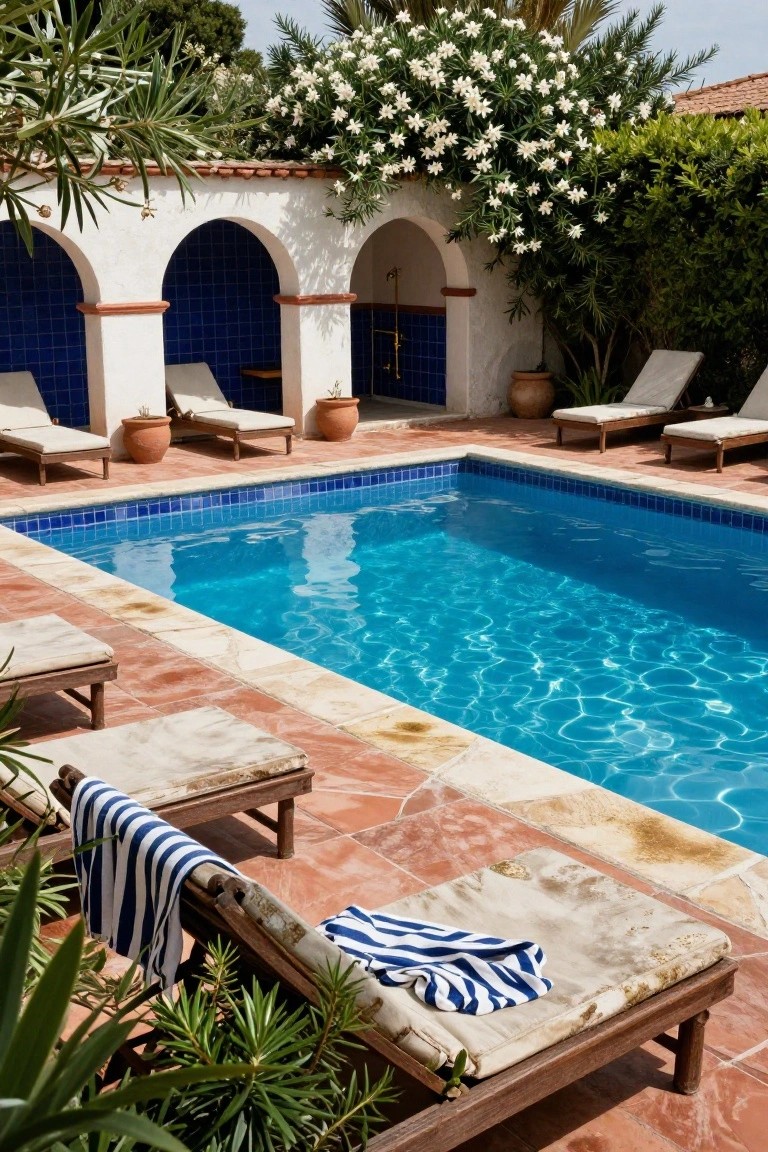Rectangular blue-tiled pool in a hacienda-style courtyard with white stucco walls featuring arched blue-tiled niches, wooden chaise lounges with striped towels draped over them, potted plants, and surrounding greenery and palm trees.
