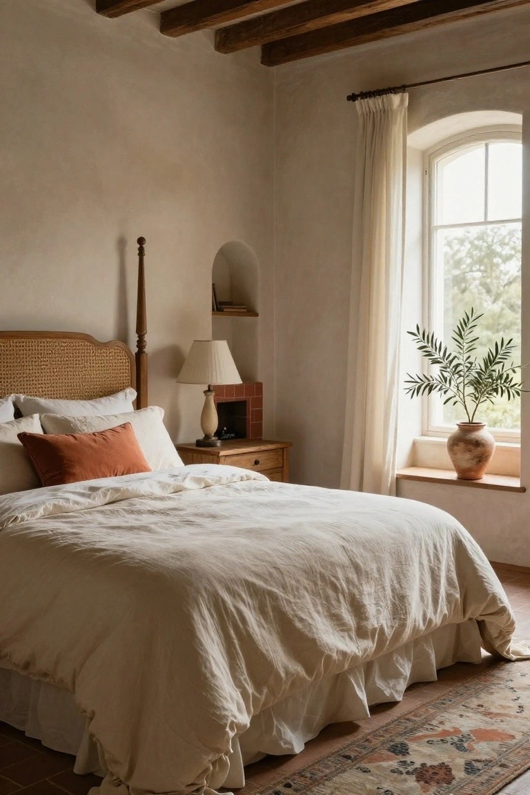 Bedroom with exposed dark wooden ceiling beams, white plaster walls, rattan four-poster bed with white linen bedding and orange pillow, wooden nightstand with lamp, arched window with sheer curtains and potted olive tree in terracotta pot, patterned rug on tile floor.