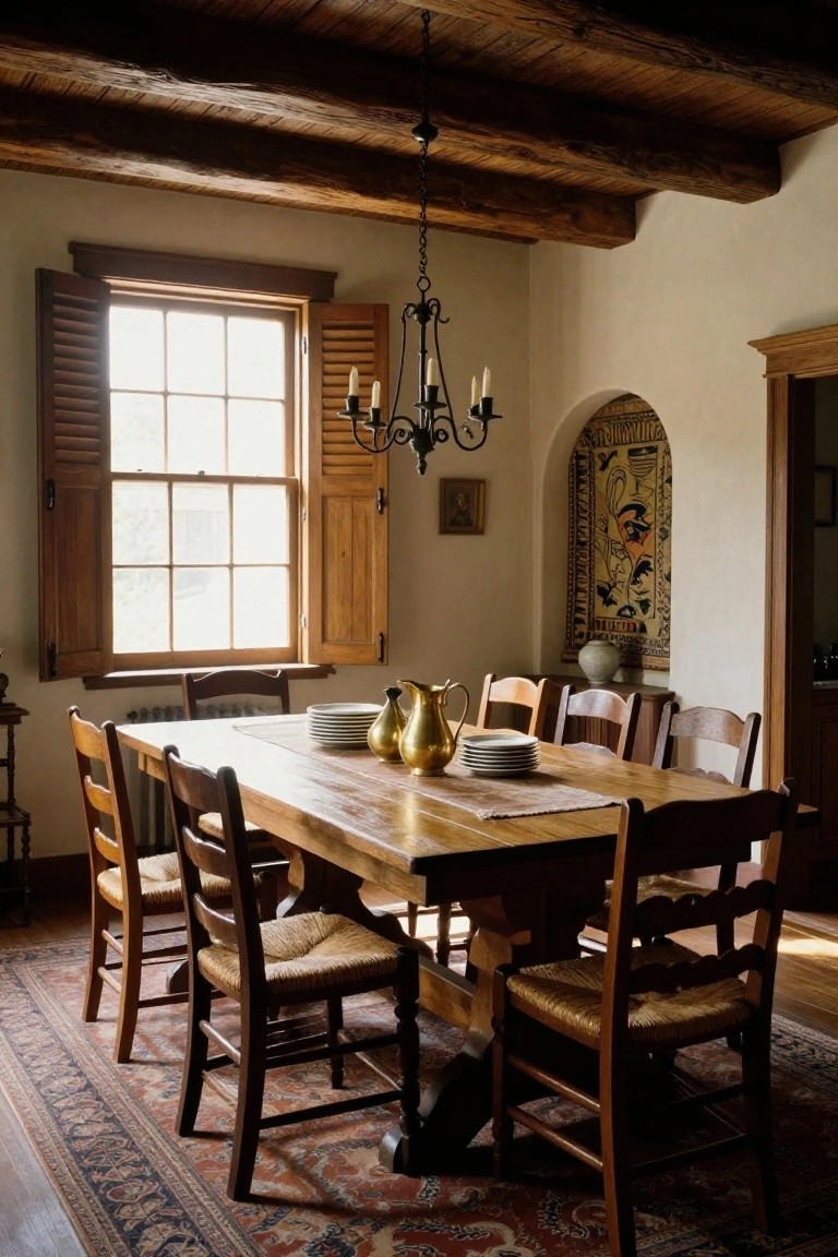 Dining room interior featuring exposed dark wooden ceiling beams, a long wooden table with woven rush chairs, brass pitchers and stacked plates on the table, wooden shutters on a sunlit window, and a colorful arched wall hanging.