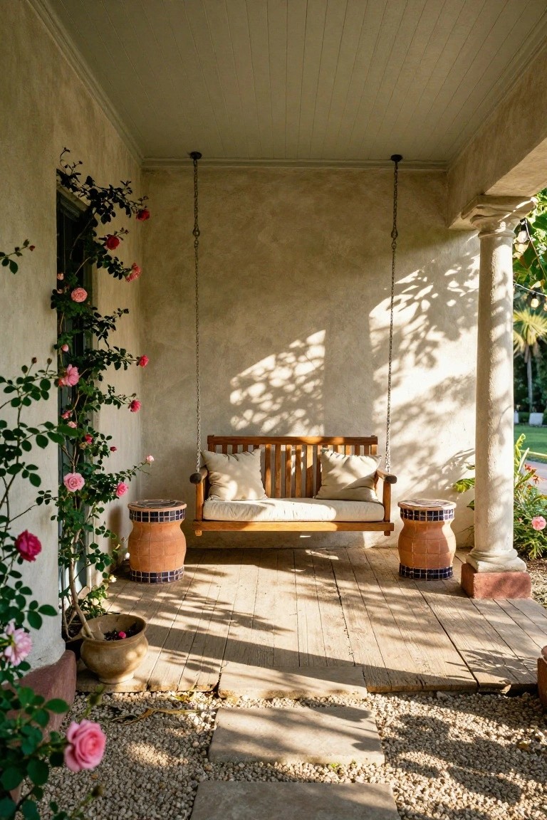 A wooden porch swing with cushions hangs from chains on a covered veranda with beige stucco walls, flanked by two large terracotta drum pots on wooden plank flooring, climbing pink roses on one wall, and gravel path nearby.