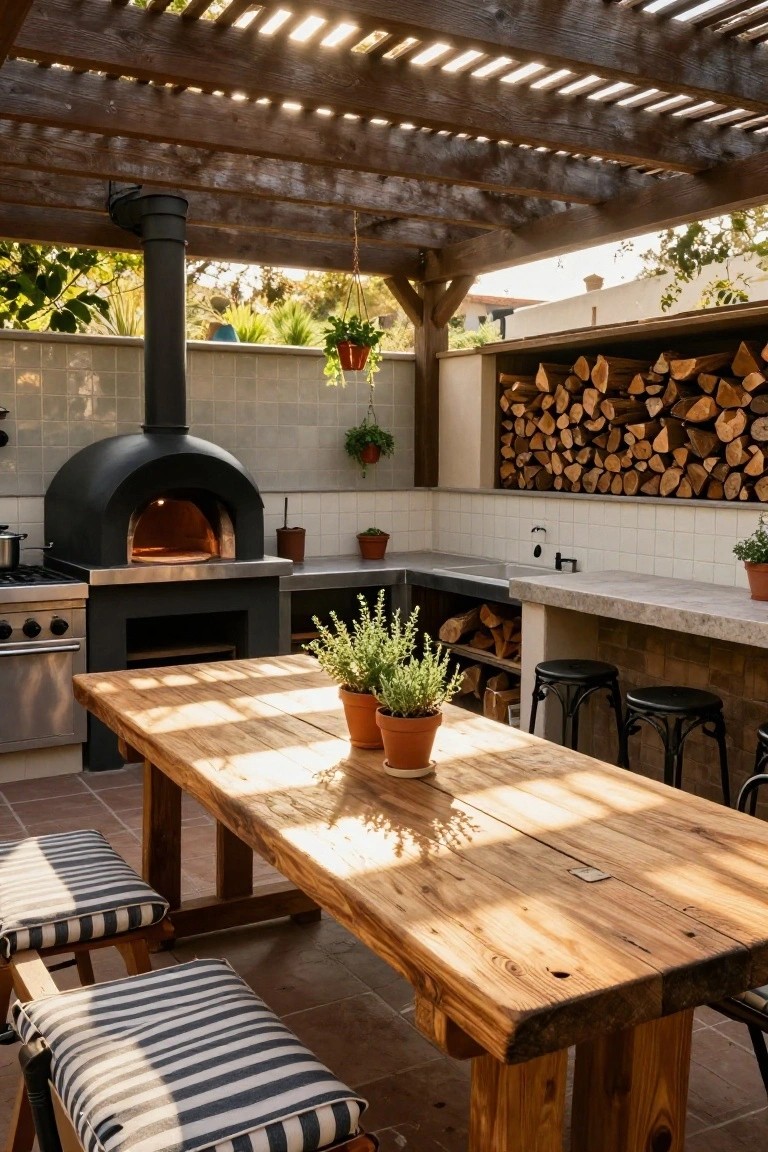 Outdoor kitchen under a wooden pergola with a black domed wood-fired pizza oven, stainless steel cooktop, concrete countertop, stacked firewood, wooden dining table, bar stools, potted herbs, and hanging plants against tiled walls.
