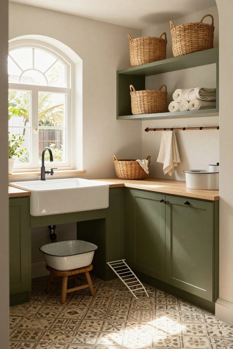 Laundry room interior with sage green lower cabinets, white farmhouse sink on oak countertop, open upper shelves with wicker baskets and folded white towels, wooden stool holding enamel basin, arched window with plants outside, and patterned terracotta-style tile floor.