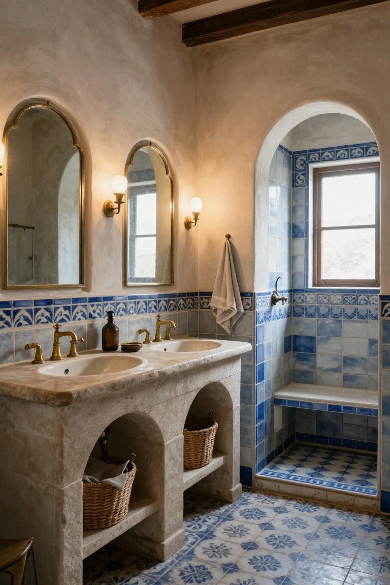Bathroom interior with double stone sink vanity featuring arched niches holding woven baskets, gold-framed arched mirrors with wall sconces, blue patterned tile shower enclosure with bench, and mosaic tile floor.