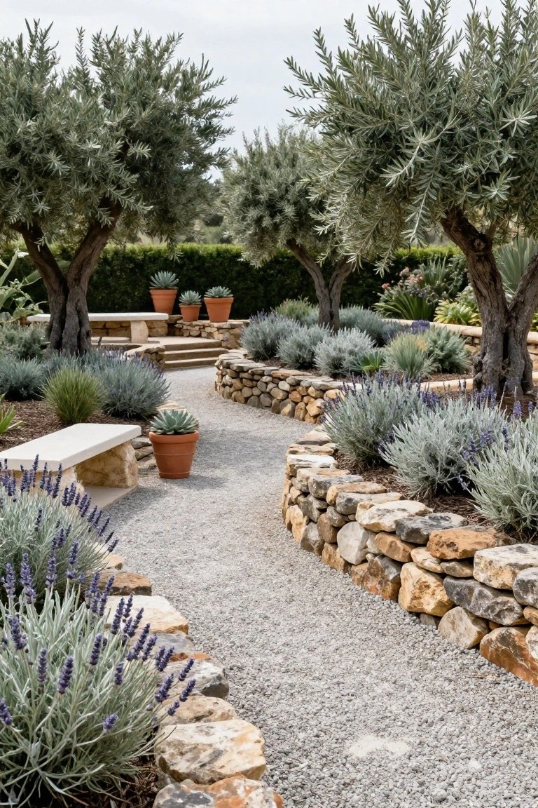 A curving gravel path winds through a landscaped garden featuring olive trees, lavender bushes, agave plants, stone retaining walls, and stone benches.
