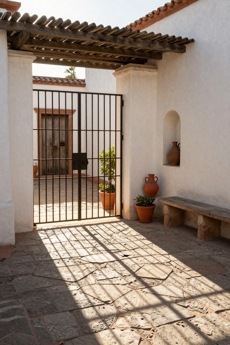 White stucco walls and pillars frame a tall open black wrought-iron gate leading to a weathered wooden door, with terracotta pots, potted plants, a stone bench, and irregular stone paving in sunlight under a wooden pergola.