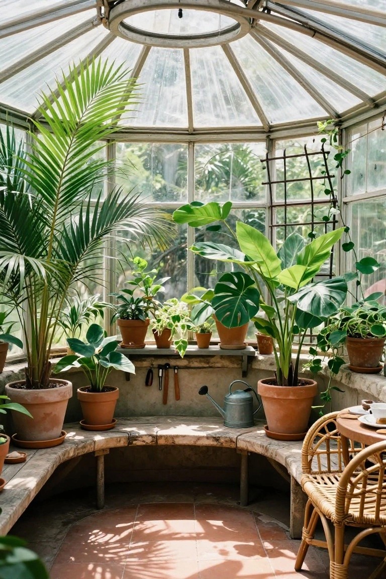 Sunlit interior of a glass greenhouse filled with tropical plants in terracotta pots, featuring a curved stone bench, rattan chairs, small table, and metal watering can.