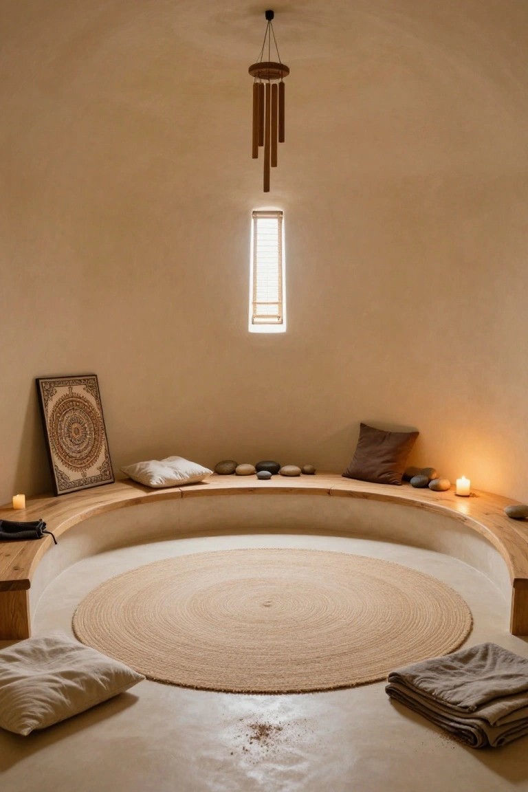 Beige curved dome interior with wraparound wooden bench holding cushions and stones, central round seagrass rug, mandala artwork on wall, candles, wind chimes overhead, and narrow window.