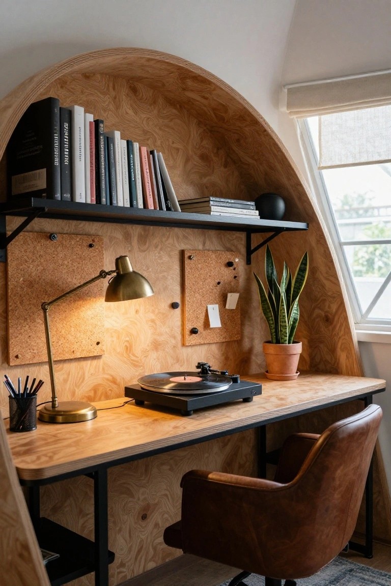 Curved plywood built-in bookshelves and desk in a geodesic dome interior with black metal brackets, corkboards, brass desk lamp, turntable, potted snake plant, and brown leather chair.
