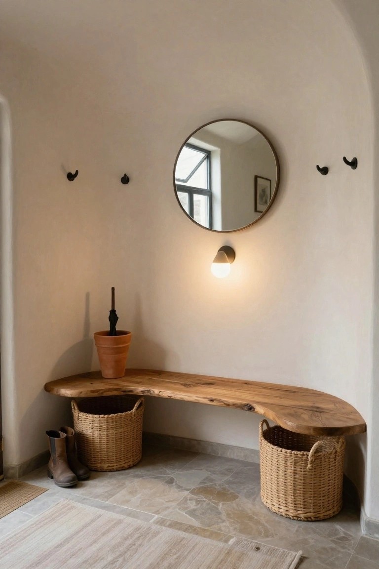 White curved interior corner with live-edge wooden bench, two wicker baskets underneath, terracotta pot holding umbrella, wall light, round mirror, and coat hooks above tiled floor.