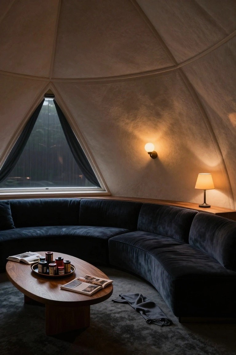 Interior view of a geodesic dome lounge with beige curved walls, a large curved black velvet sectional sofa, oval wooden coffee table holding film canisters magazines and candles, wall-mounted globe lamp, table lamp, and triangular window with dark curtains.