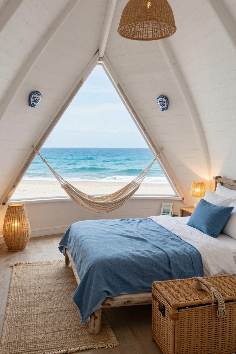 White wooden peaked-roof bedroom interior with large triangular window overlooking sandy beach and turquoise ocean, white hammock suspended across the window, blue linen duvet on driftwood bed frame, rattan lamps, seagrass rug, and woven basket.