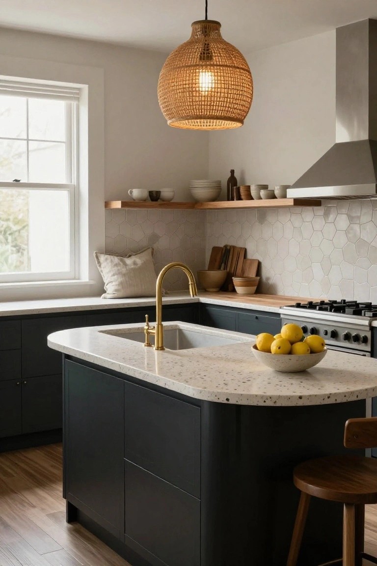 Modern kitchen with curved navy blue island topped by white speckled quartz countertop holding a bowl of lemons, gold faucet in sink, hexagonal white tile backsplash, wood floating shelves with ceramics, rattan pendant light, stainless steel range hood, and wooden bar stool.