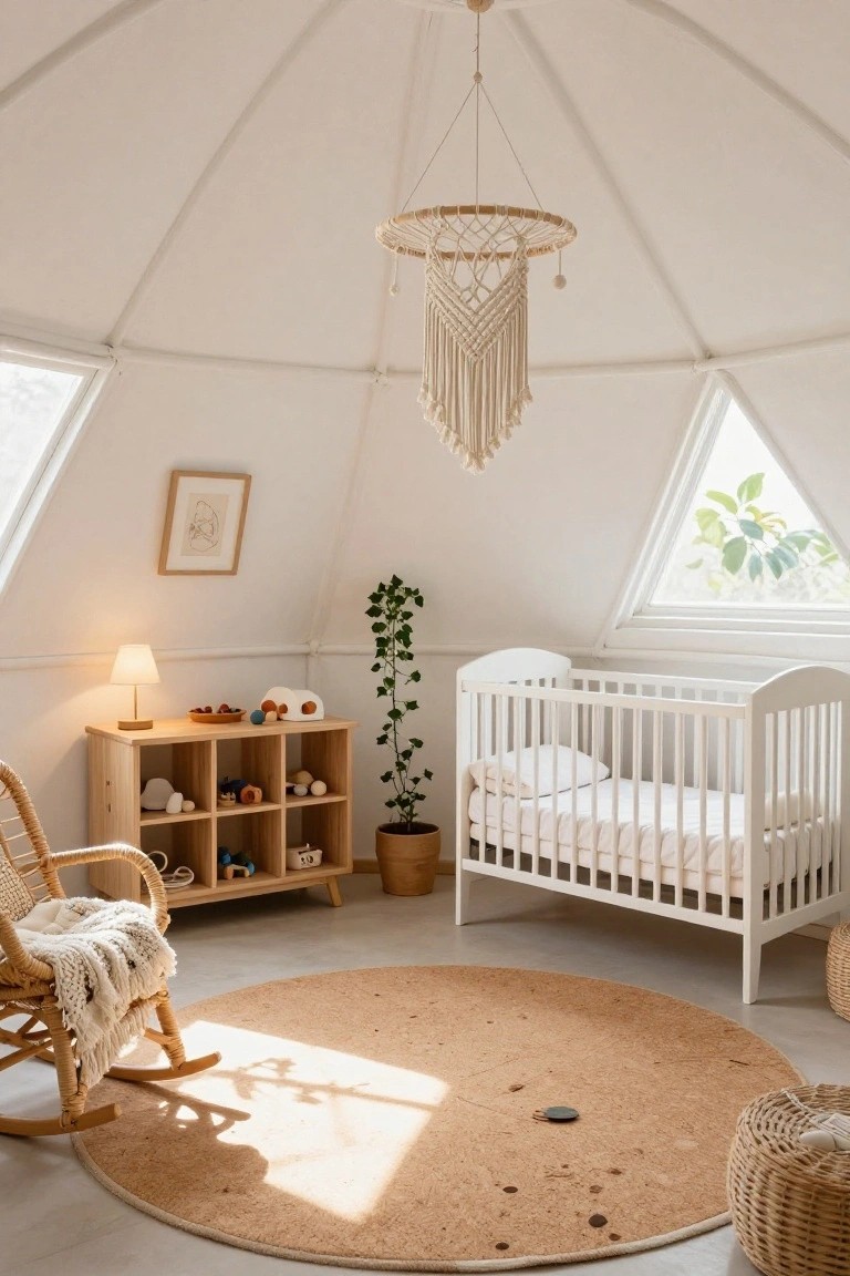 White geodesic dome nursery interior featuring a wooden crib, rattan rocking chair with white throw, wooden toy shelves, round jute rug, potted plant, and macrame hanging light from the curved ceiling with triangular windows.