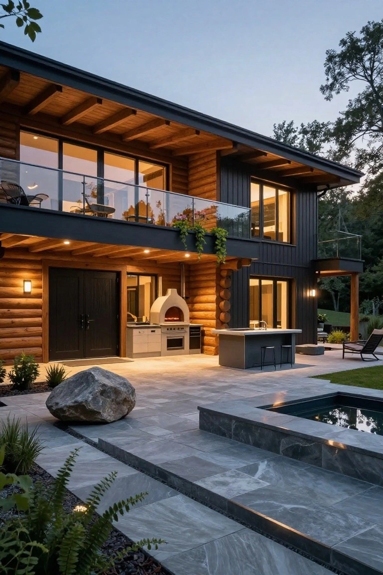 Two-story log cabin exterior at dusk with black cladding on walls, wood beams, balcony with glass railing, outdoor kitchen including pizza oven and counter, paver patio, large rock, plants, and small lit pool.