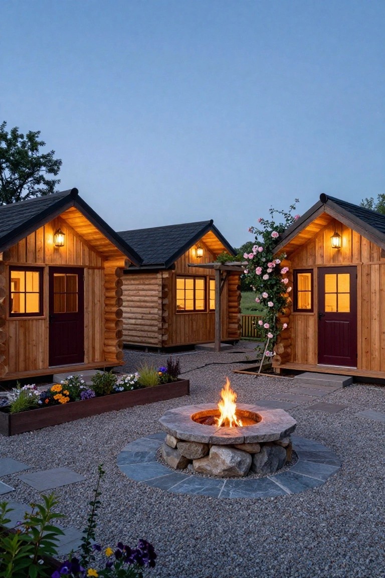 Three small wooden log cabins with black shingled roofs and glowing windows arranged around a central octagonal stone fire pit on a gravel patio with flower beds and climbing pink roses at dusk.