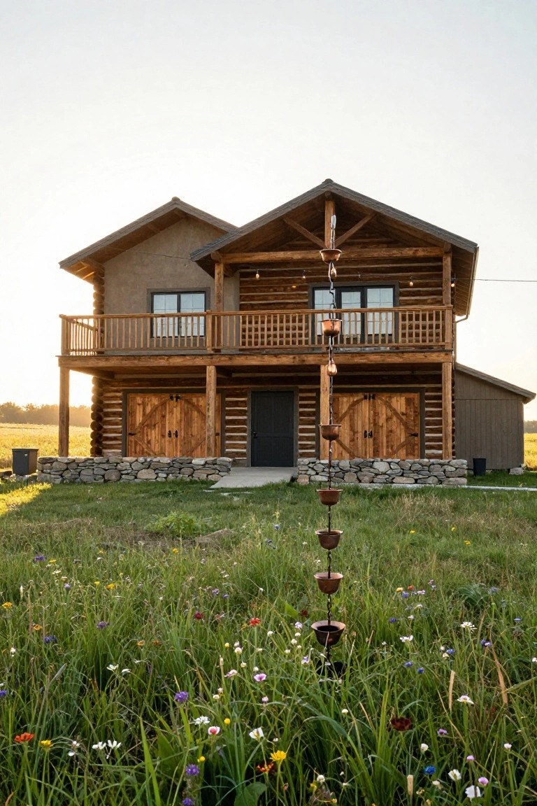 Two-story log cabin elevated on posts with a wooden balcony on the upper level, arched wooden garage doors and a dark entry door on the lower level, stone retaining wall, and surrounding wildflower meadow at sunset.