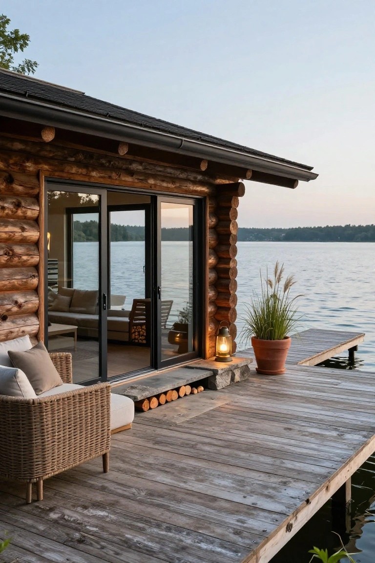 Log cabin exterior with large sliding glass doors opening onto a wooden deck that extends over a calm lake on piers, including rattan chairs, a lantern, potted grass, and stacked firewood.