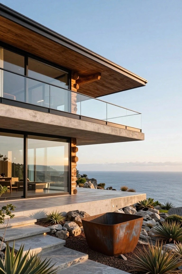 Modern cliffside home with wood, glass, and ocean views.