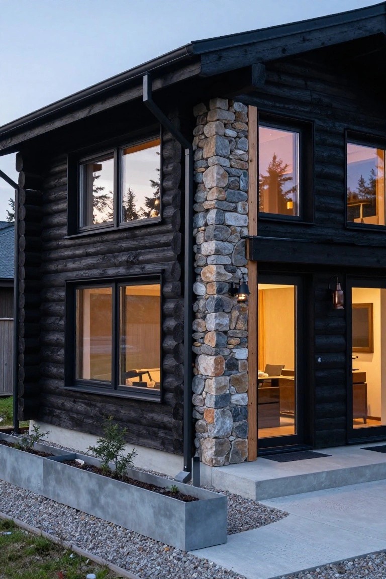 Side exterior view of a two-story black log cabin with a tall stacked stone pillar at the corner, large black-framed windows glowing warmly inside, glass entry doors, metal planters with small plants, and gravel ground cover.