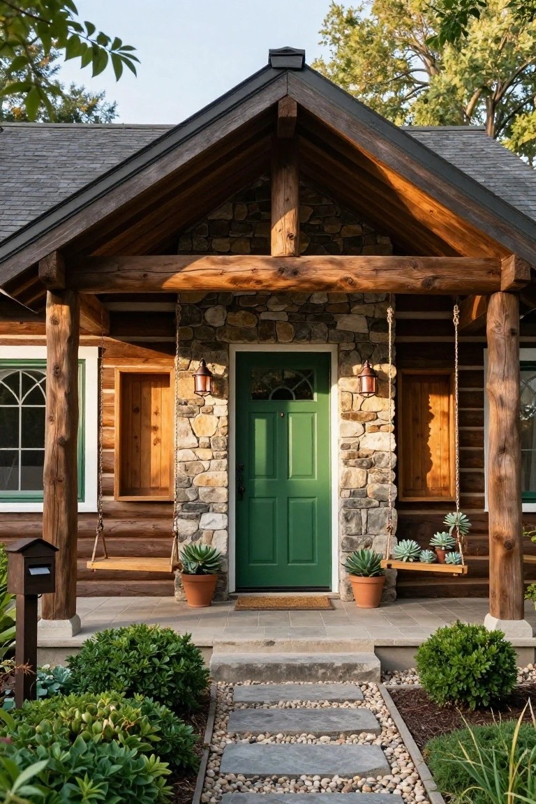 Front exterior of a log and stone cabin with a covered porch supported by log posts, green door, hanging porch swing, potted succulents, lantern lights, and stone path leading to boxwoods.