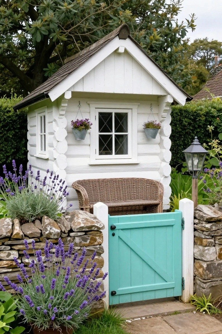 Small white log cabin-style garden shed with flower-filled window boxes, a wicker bench outside, turquoise gate in a stone wall, and lavender plants nearby.
