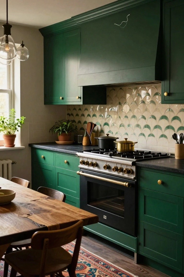 Green kitchen with brass stove, scalloped tile, and wooden table.
