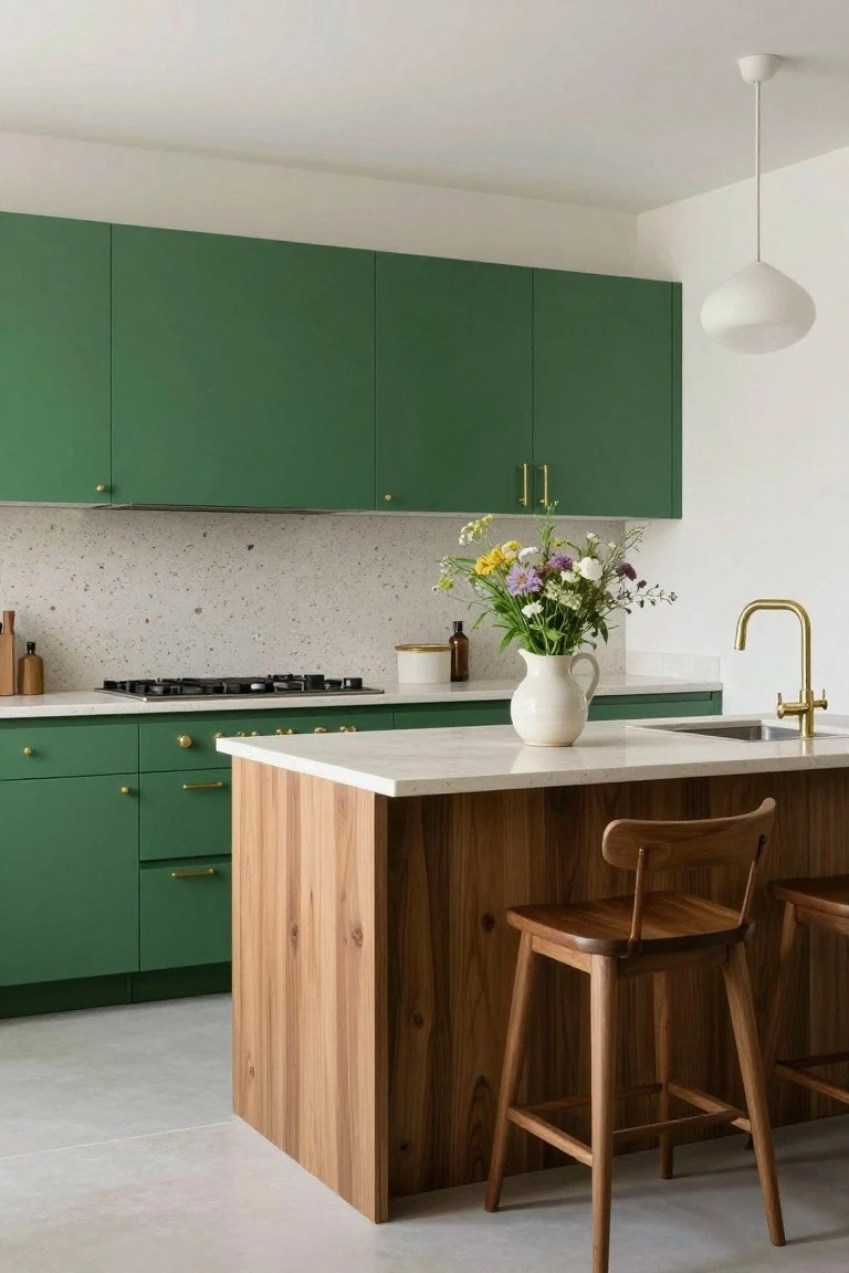 A modern kitchen with emerald green cabinets, light wood island with two stools, white countertops, gold faucet and hardware, terrazzo backsplash, and a vase of wildflowers.