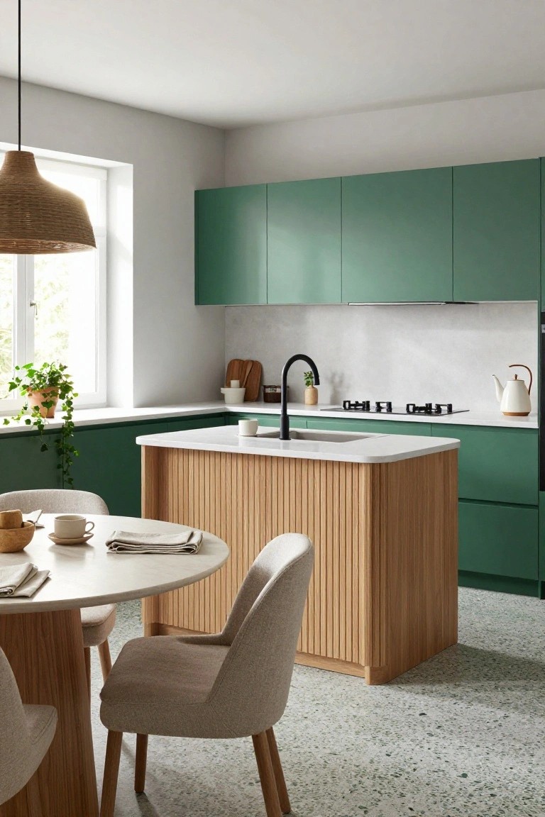 Modern kitchen interior with emerald green upper and lower cabinets, light wood slatted island, white quartz countertops, black faucet, induction cooktop, round white dining table with beige upholstered chairs, and potted plants on a green terrazzo floor.