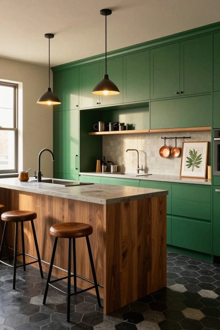 Modern kitchen interior with emerald green upper and lower cabinets, central wooden island with two leather stools, concrete countertop, black matte faucet, black hexagon floor tiles, and two pendant lights.