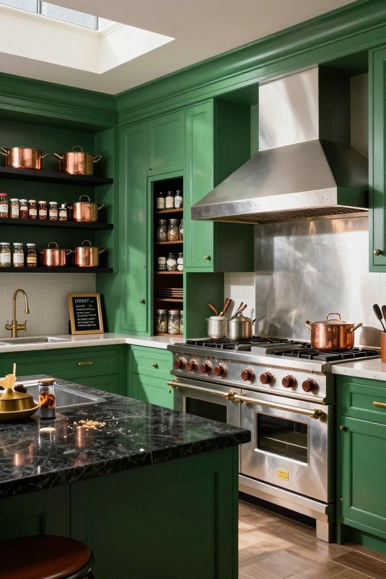 Emerald green cabinets line a kitchen with a black marble island, stainless steel range hood and oven, brass faucet, and copper pots on shelves.
