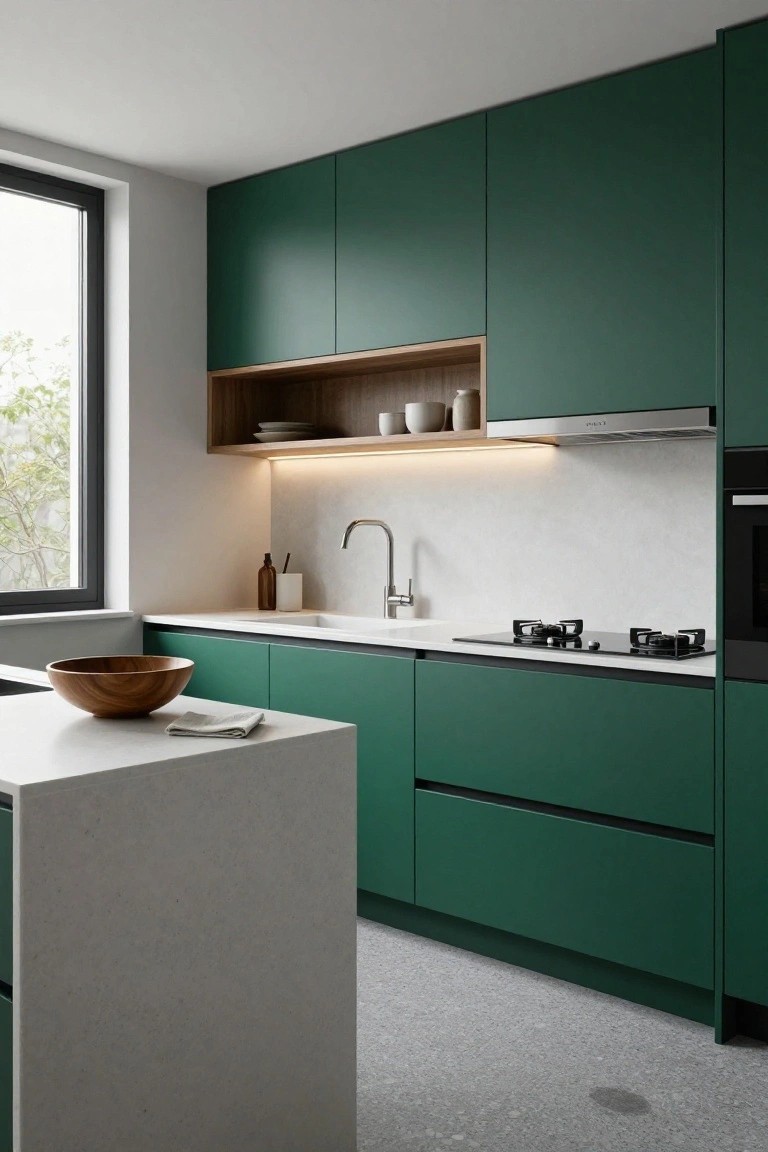 Modern kitchen interior with emerald green cabinets, white quartz countertops and island, wooden open shelves, gas cooktop, sink, and large window with greenery outside.